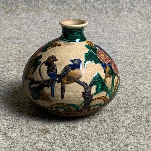 九谷焼青手角福菊に小鳥図油壺 [B28383]