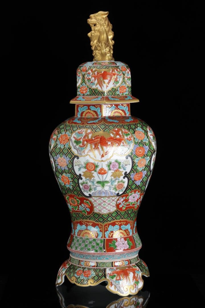 そ*ん様 有田焼 耕右衛門 染錦窓絵鳳凰花尽之図 獅子摘蓋特大三段壺 沈香壺 飾