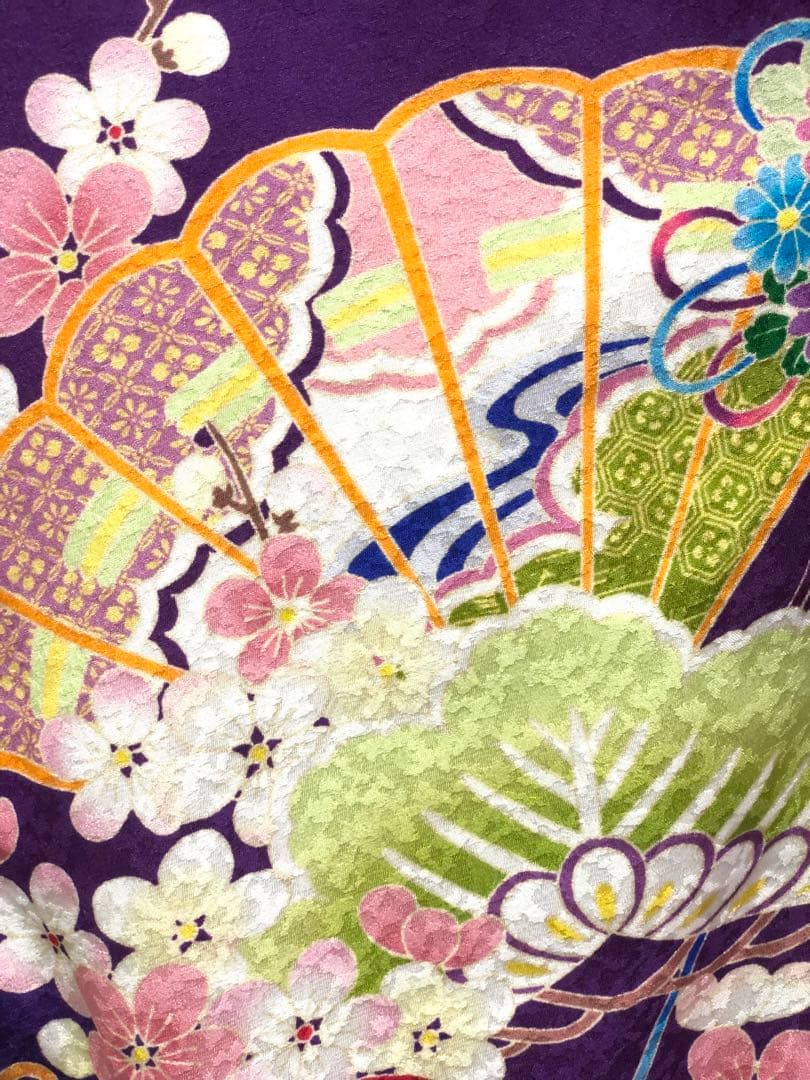 【正絹】 七五三　7歳　絵羽　紫　着物　四つ身　作り帯　セット　女の子