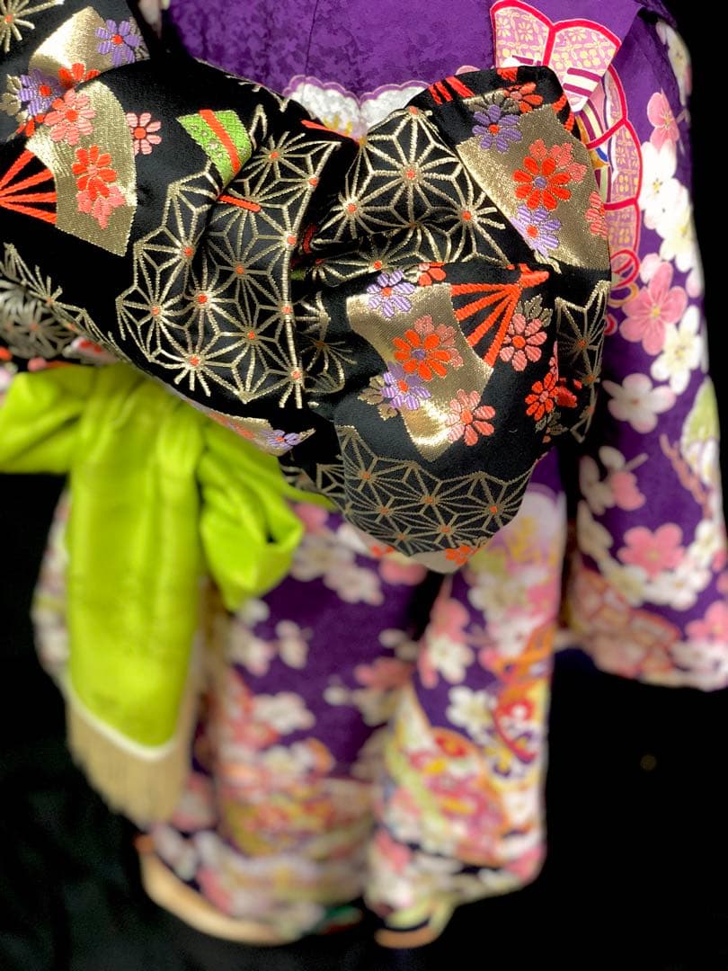 【正絹】 七五三　7歳　絵羽　紫　着物　四つ身　作り帯　セット　女の子