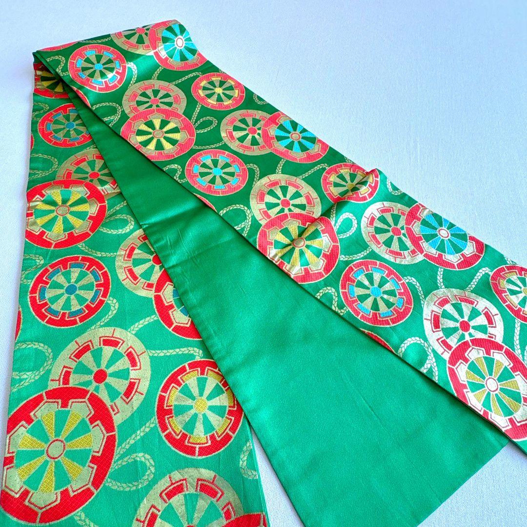 フルセット　七五三７歳女の子　赤地蝶桜　緑地袋帯　源氏車　簡単半衿　7105