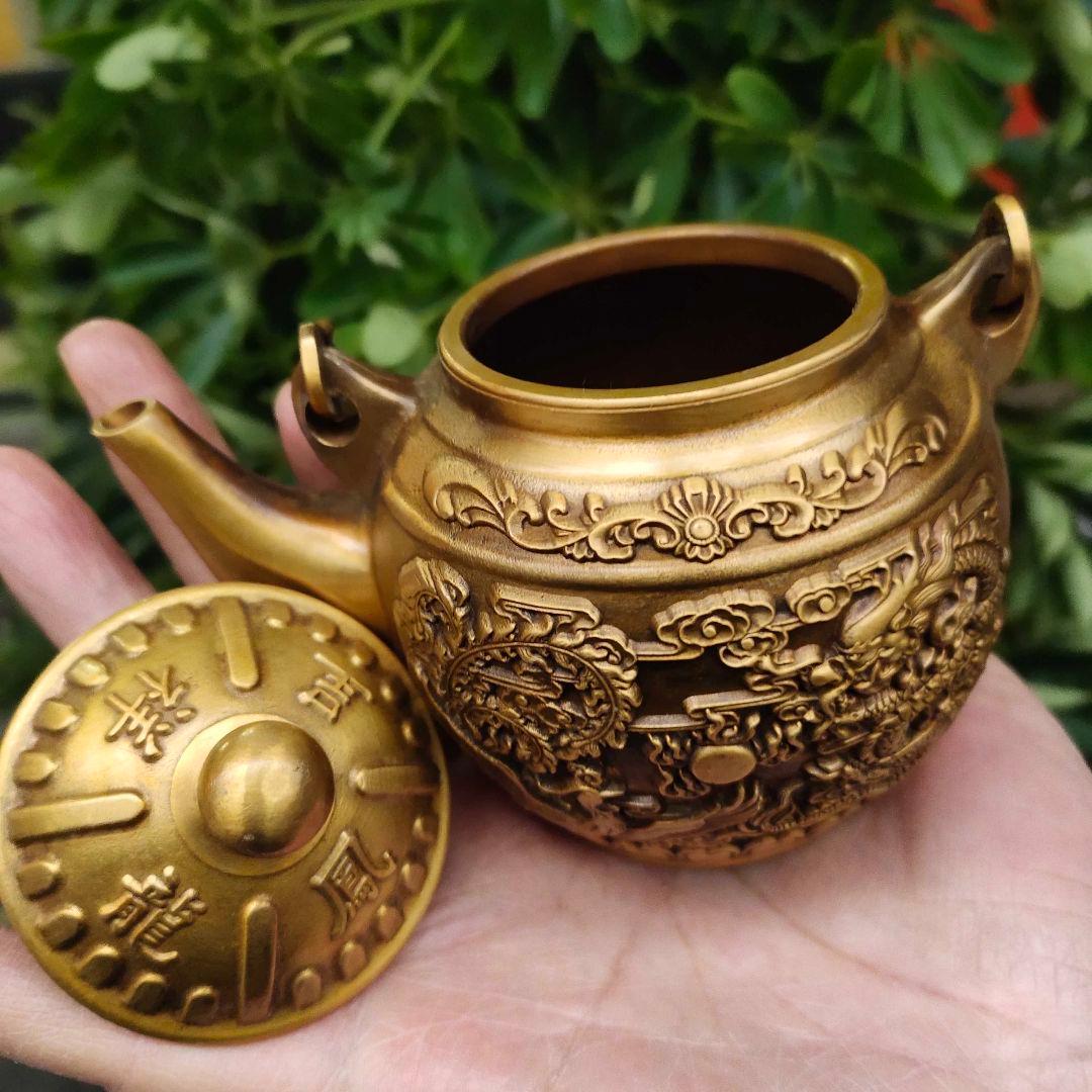 龍鳳呈祥提梁茶壺 酒壺 茶道 工芸 置物 銅製