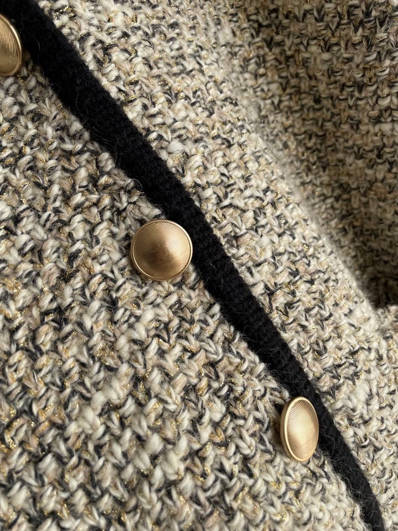 モガ　5.7万　鹿子編み　ウールニットジャケット　ゆったりめ　ゴールド　黒