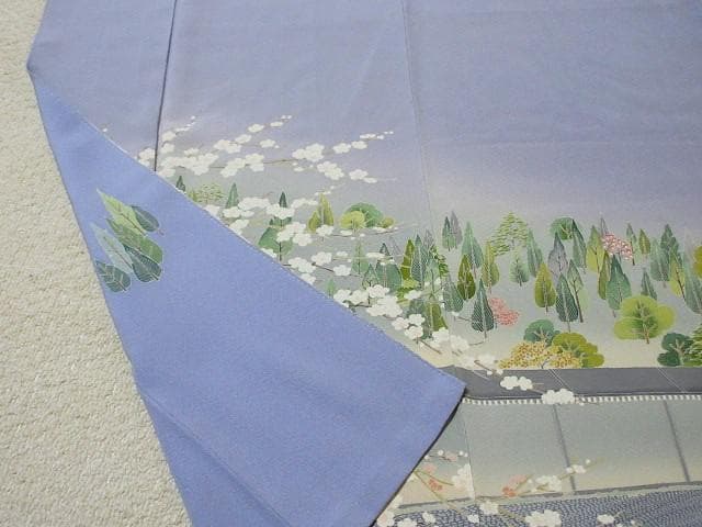 訪問着：美品：白梅と石庭と森：ブルーグレー：袷正絹：P8