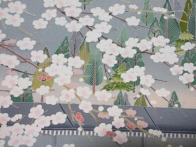訪問着：美品：白梅と石庭と森：ブルーグレー：袷正絹：P8