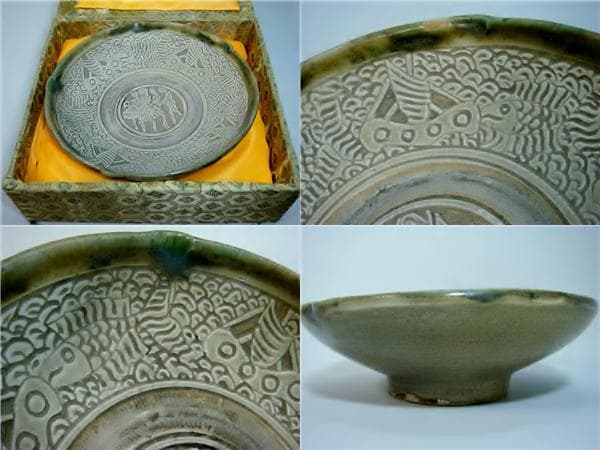 皿■青磁魚文 四ツ口皿 魚紋 古い菓子鉢 古玩 中国 時代物 骨董品■