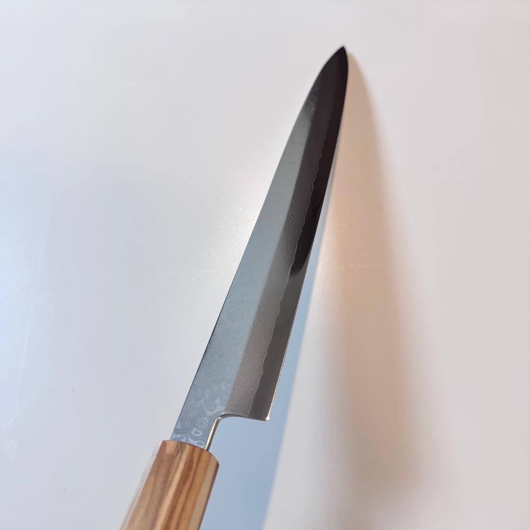270mm ダマスカス墨流し柳刃包丁 オリーブウッド八角柄 鏡面仕上げ 刺身用