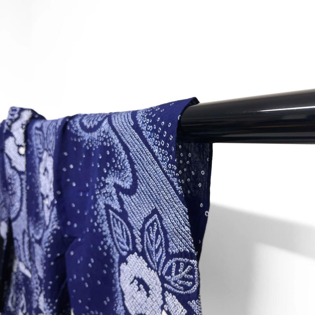 浴衣　有松鳴海絞り　菊　椿　流水　藍染　ネイビー　着物　064a d