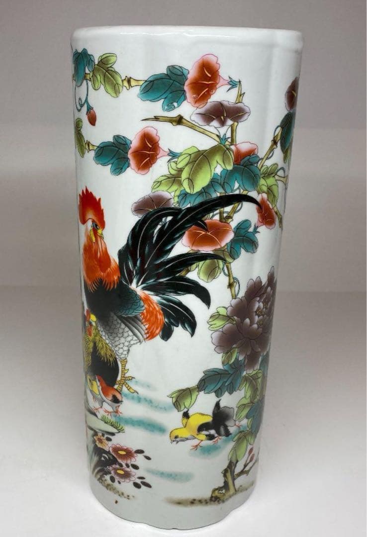中国　民国時代　居仁堂製粉彩鶏の図　花入　高さ28cm