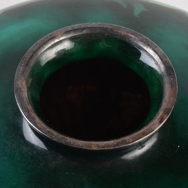 七宝焼　安藤七宝店　SILVER刻印　翡翠釉　花文　花瓶　共箱　M　R8879B