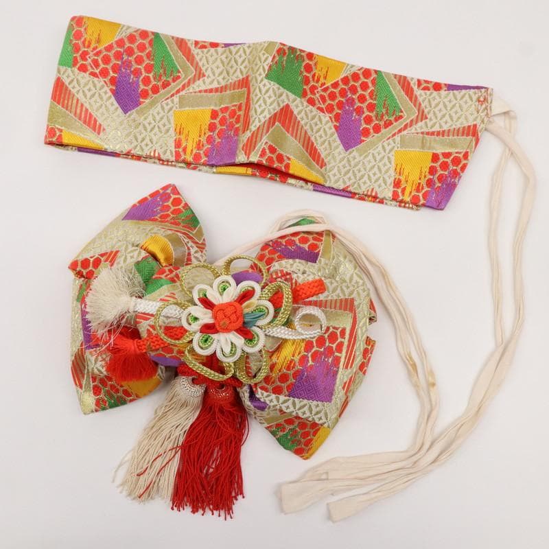 【七五三】5点セット　3歳女児 小花 子供着物帯小物 赤 正絹 8RR3