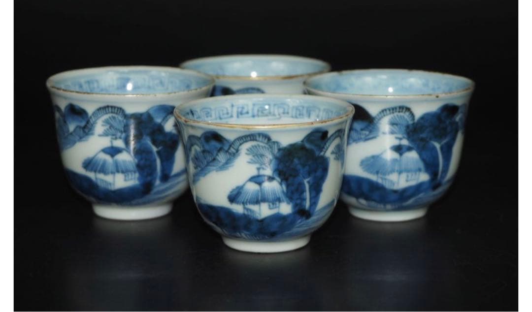送料無料　江戸時代　古伊万里山水図煎茶碗4客　煎茶道具