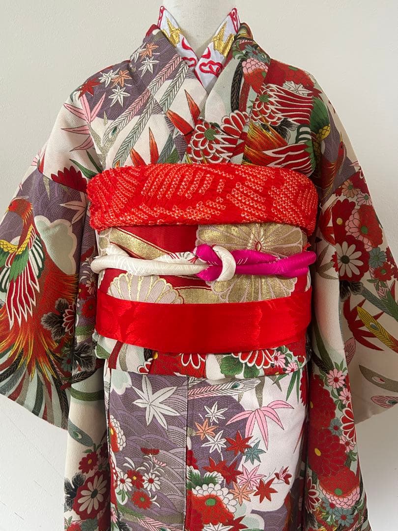 7歳　七五三　アンティーク正絹着物、アンティーク帯、帯揚げ、帯締め　しごきセット