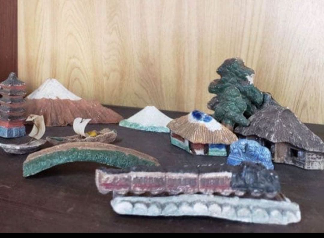 添配セット日本の風景 陶器 ？？置物 18点セット 木箱付きアンティーク