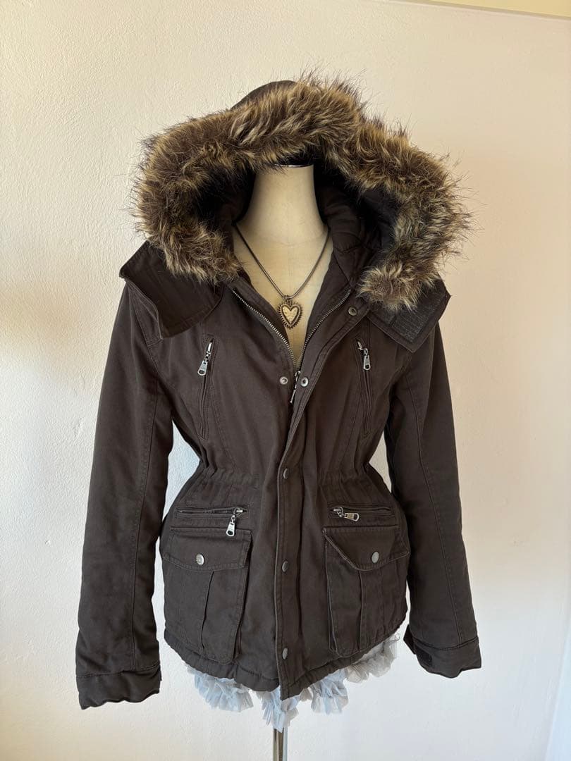 y2k平成ギャル 黒モッズ　ミリタリーフード　ギミック ダークコア小悪魔 ファー