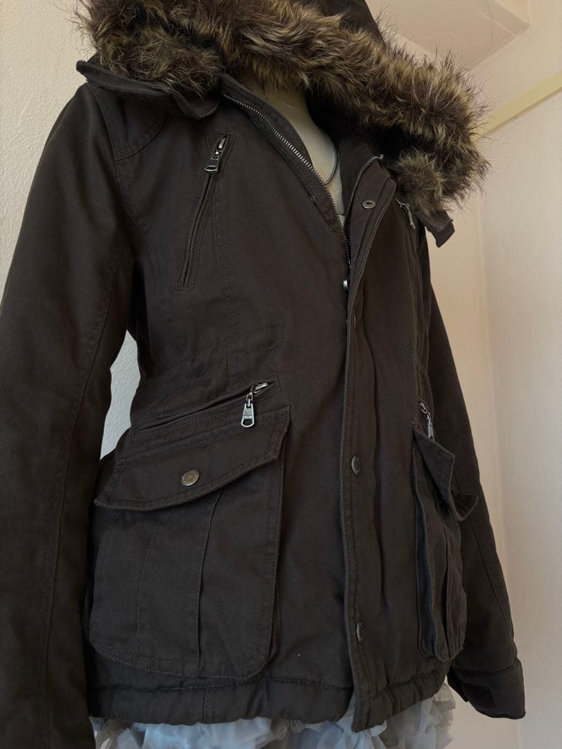 y2k平成ギャル 黒モッズ　ミリタリーフード　ギミック ダークコア小悪魔 ファー