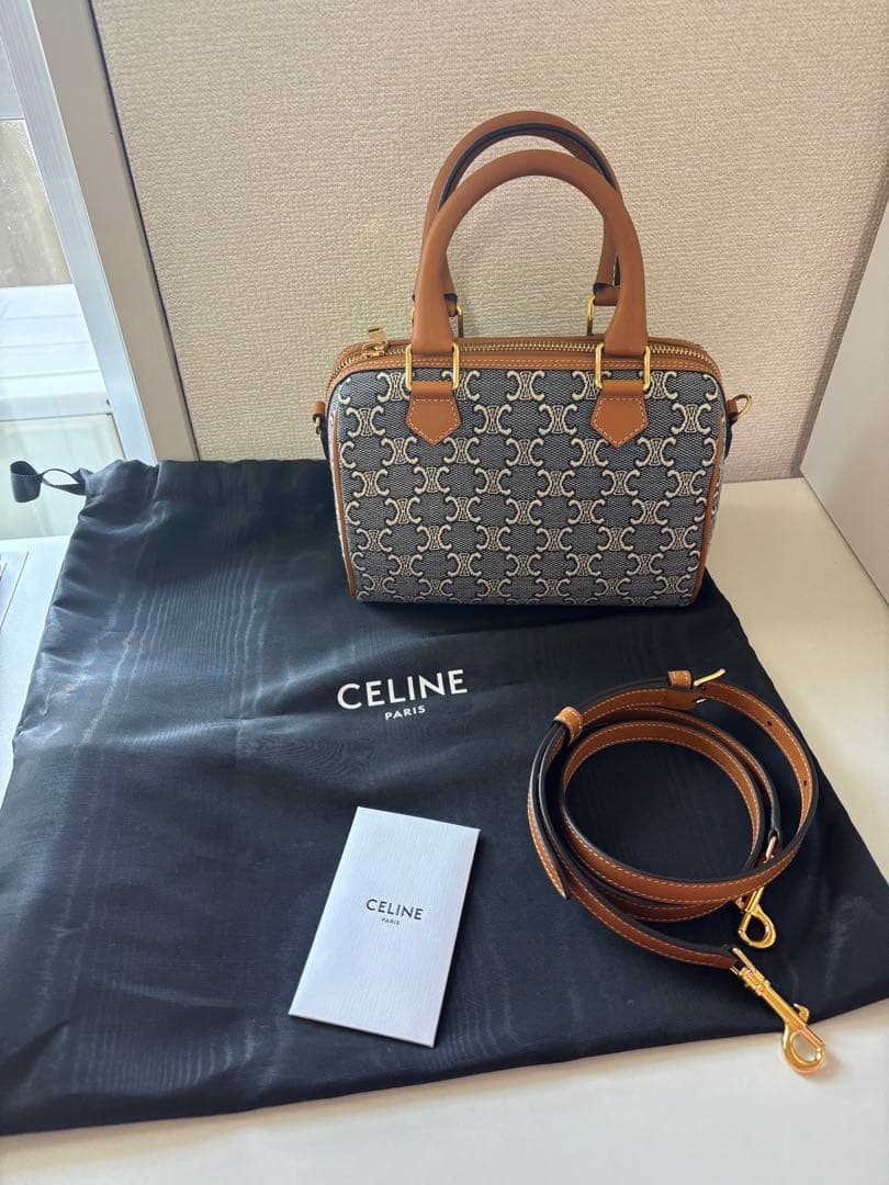 CELINE スモールボストン トリオンフジャカード＆カーフスキン　ハンドバッグ
