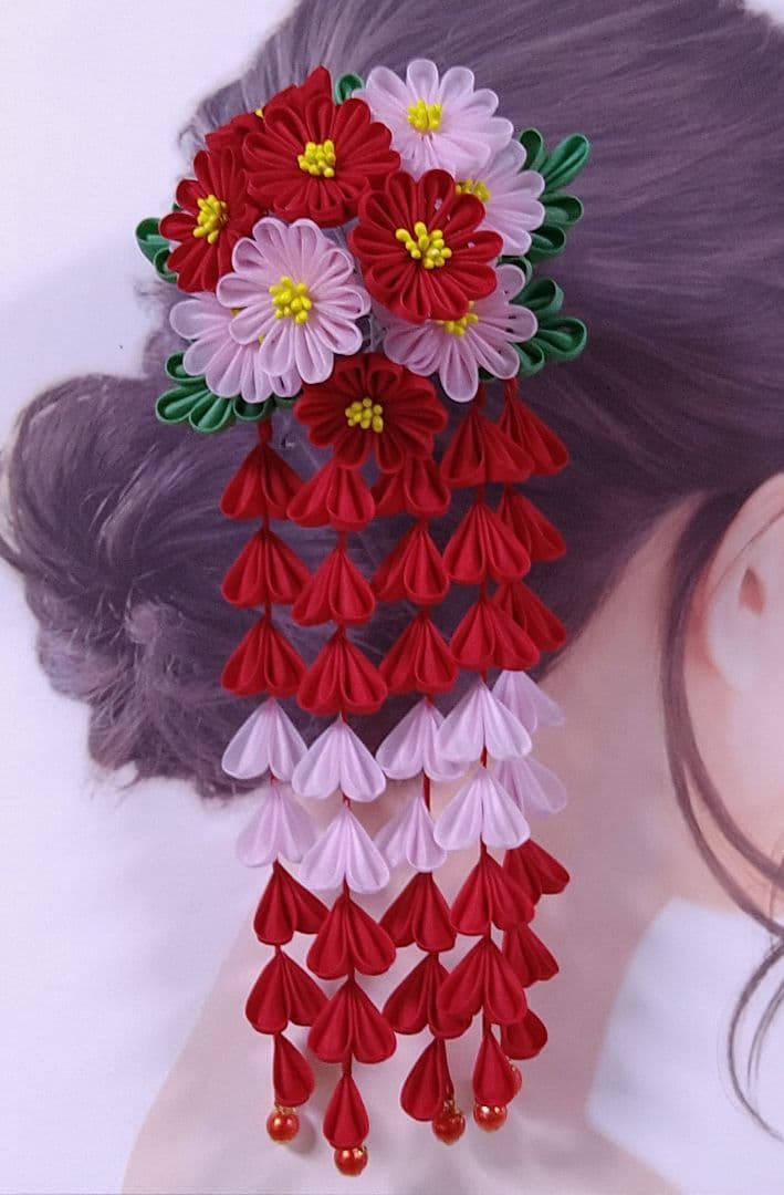 正絹羽二重　つまみ細工　赤とピンク色の雛菊のかんざし　卒業式　簪　髪飾り