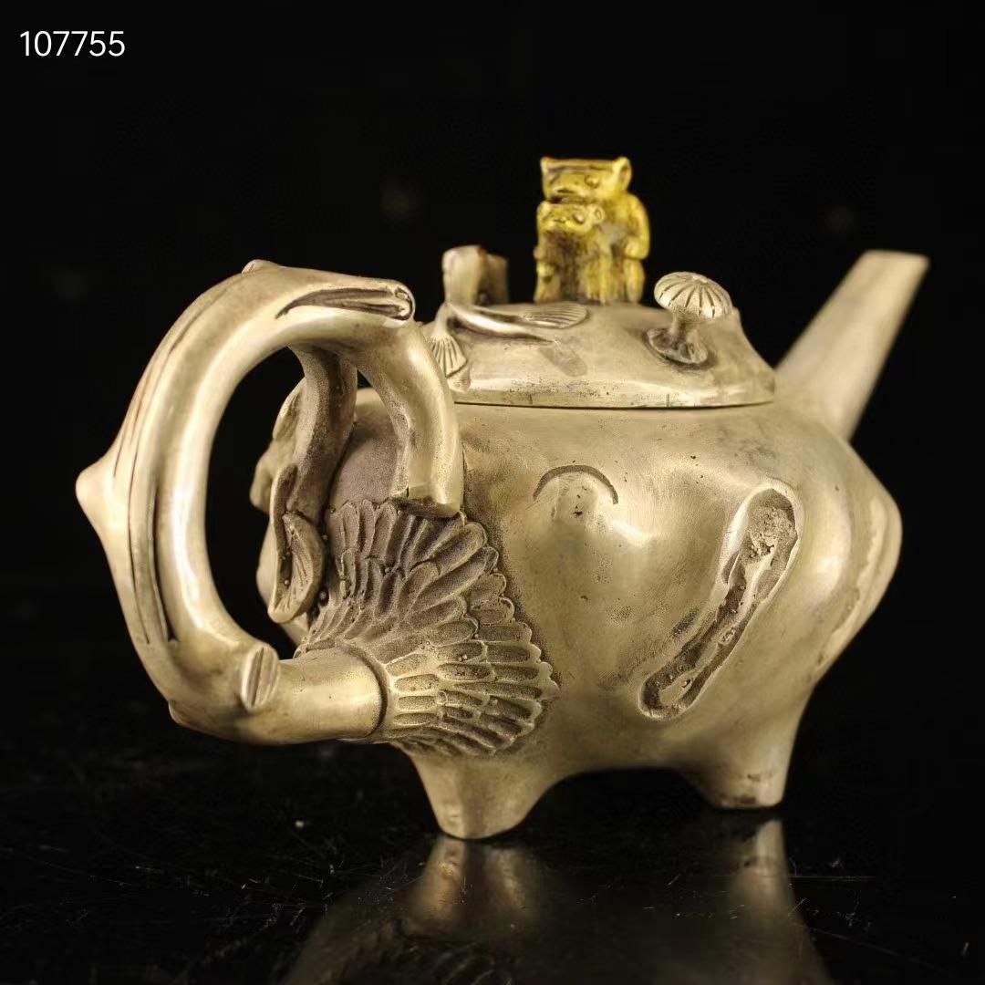 中国古美術· 珍蔵純銅製・純手作り·鎏金鎏銀端把纏枝ネズミ壺・文房具·置物·賞物