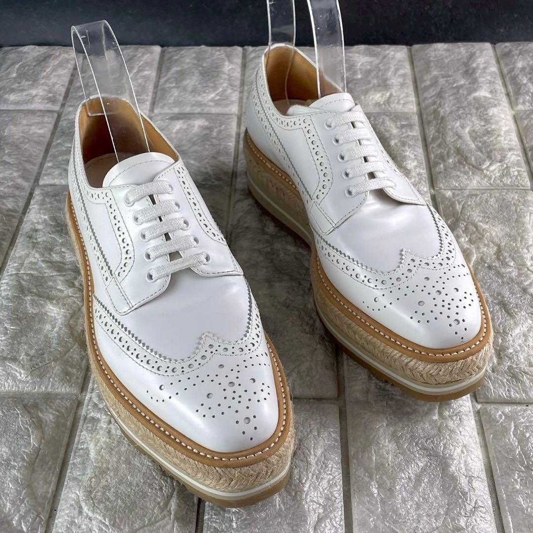 未使用級 プラダ エスパドリーユ 厚底 レザー ウィングチップ プラットフォーム