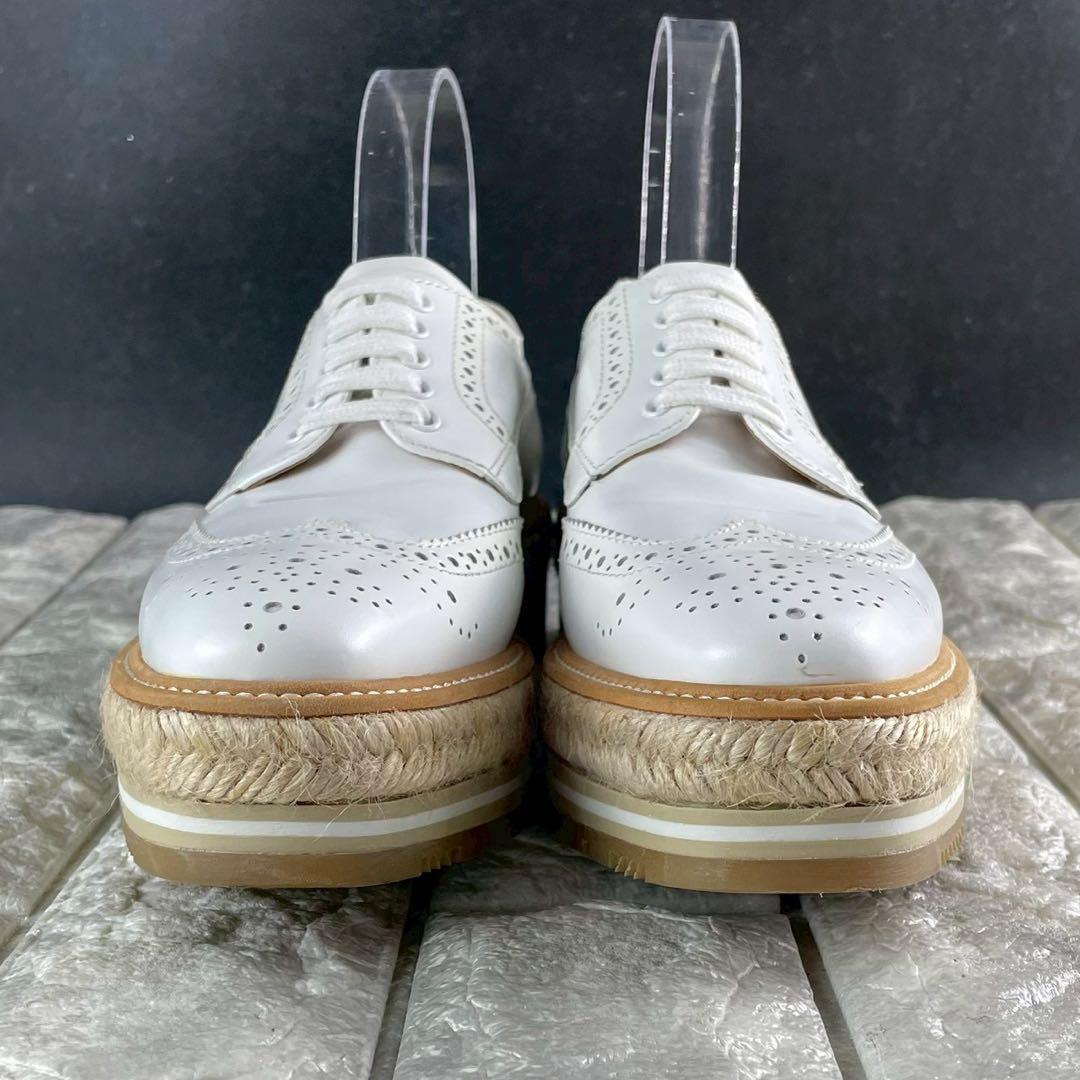 未使用級 プラダ エスパドリーユ 厚底 レザー ウィングチップ プラットフォーム