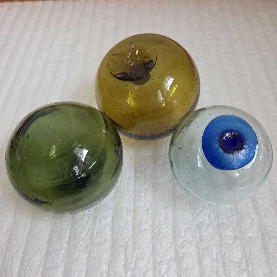ガラス浮き玉 緑 黄茶色 ☆缶 青ボタン