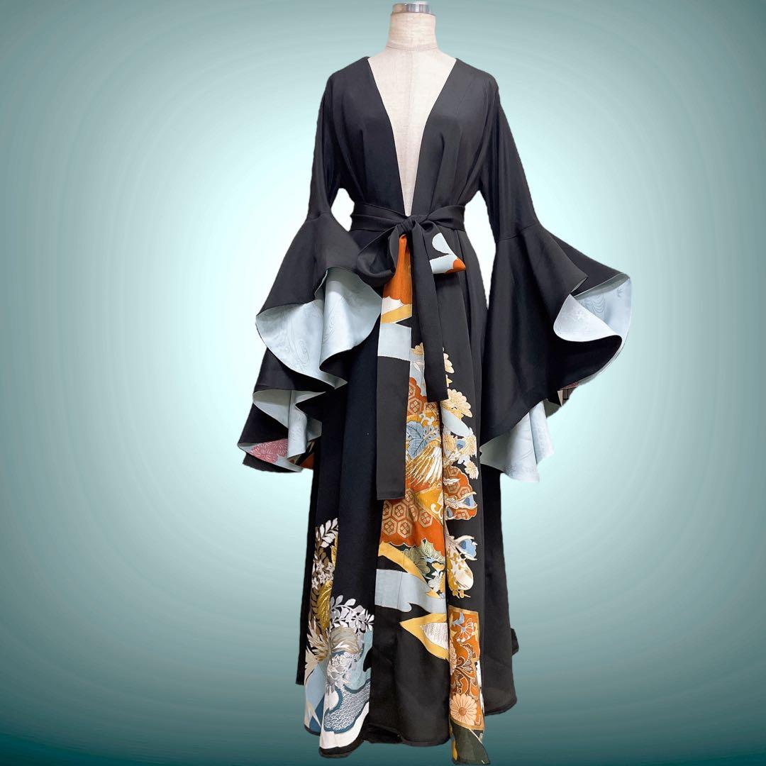 留袖着物ガウン ドレスガウン 羽織 着物リメイク 和装 黒 B80119