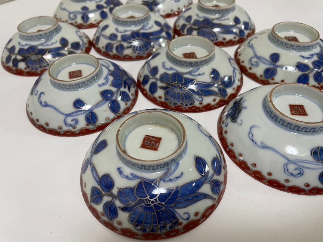 【現状品】古伊万里 染付 蓋付飯碗10客 金彩 蝶 レトロ アンティーク