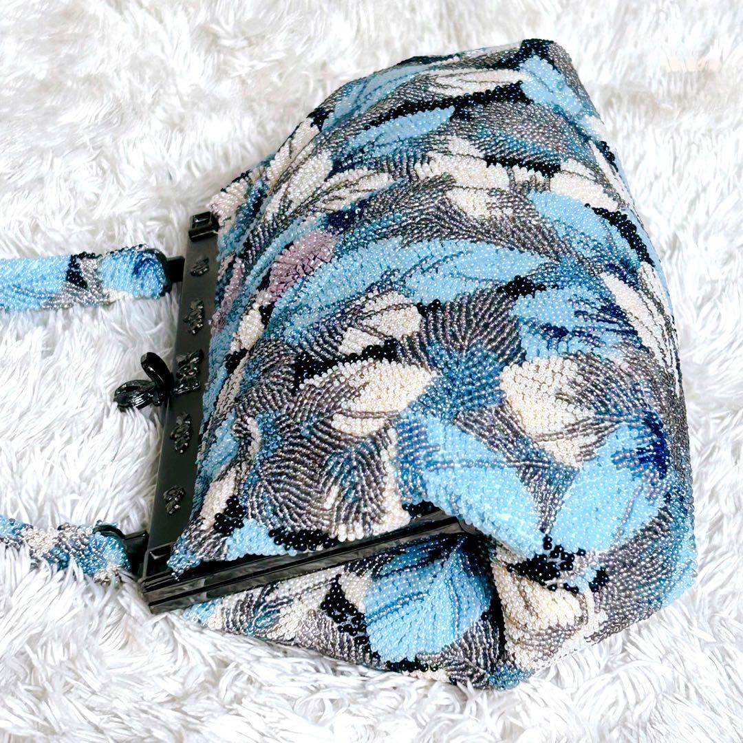 ビーズバッグ ハンドバッグ 手刺繍 葉っぱ 和装 レトロ ヴィンテージ ブルー