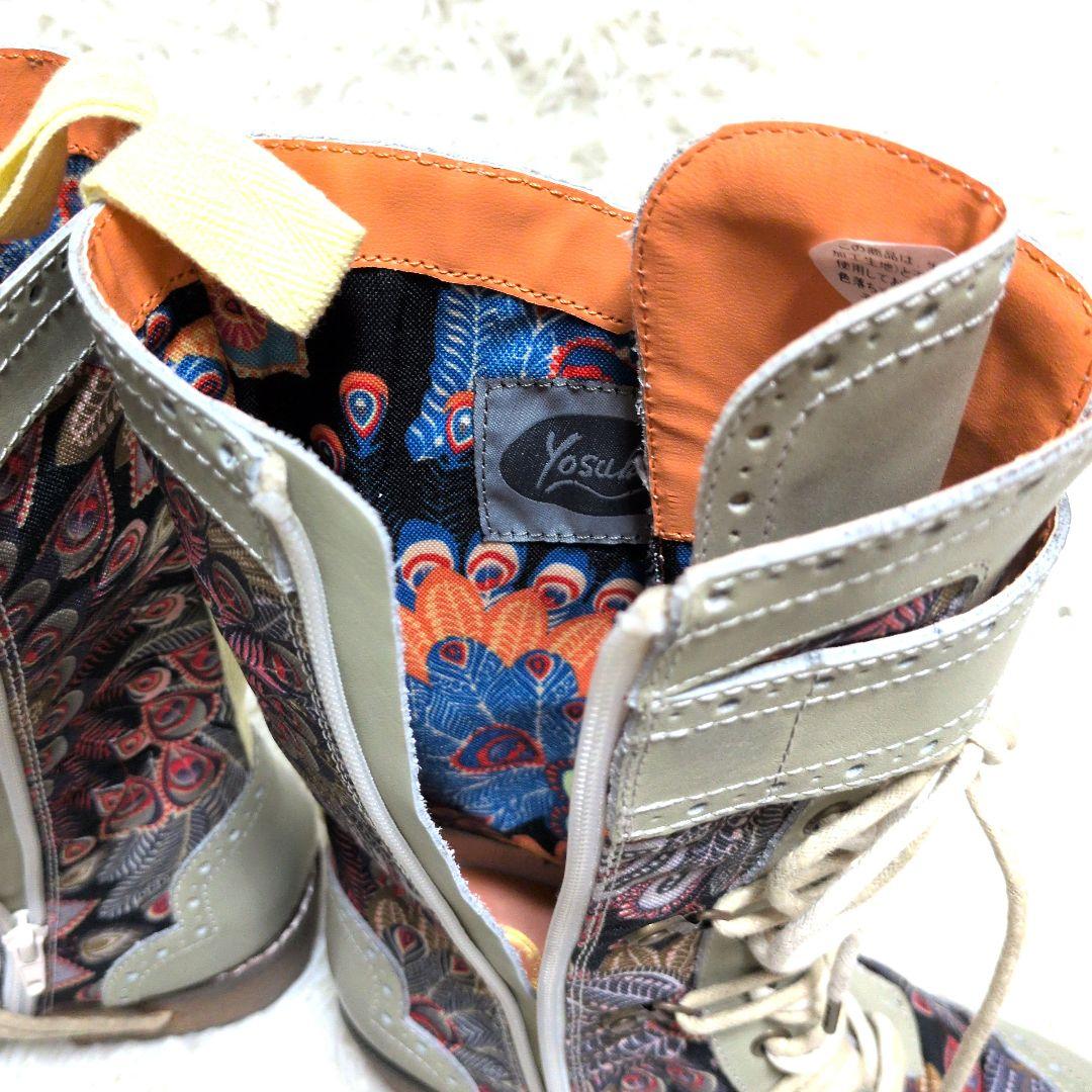 YOSUKE レースアップミドルブーツ アイボリーコンビ 24cm ペイズリー柄