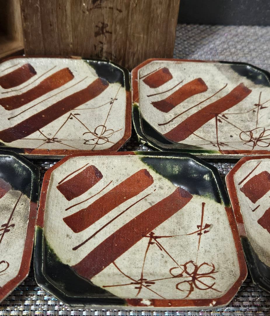 【本物保証❗】江戸時代　古織部　四方皿 手塩皿　菓子皿　5客揃い　茶道具　伝世箱
