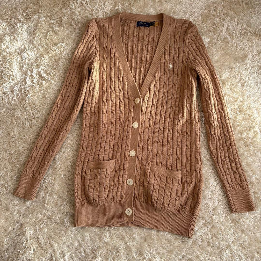 ラルフローレン ケーブルニット カーディガン ベージュ×白ポニー Lサイズ