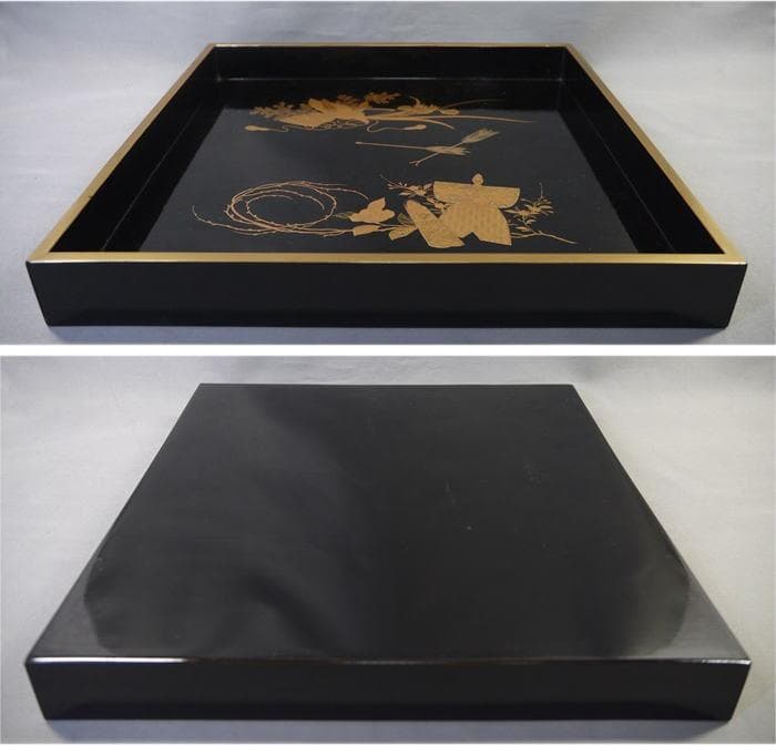 美しい立雛ノ図と兜ノ図　木製金蒔絵　四方盆の大　27.3cm　桃の節句端午の節句