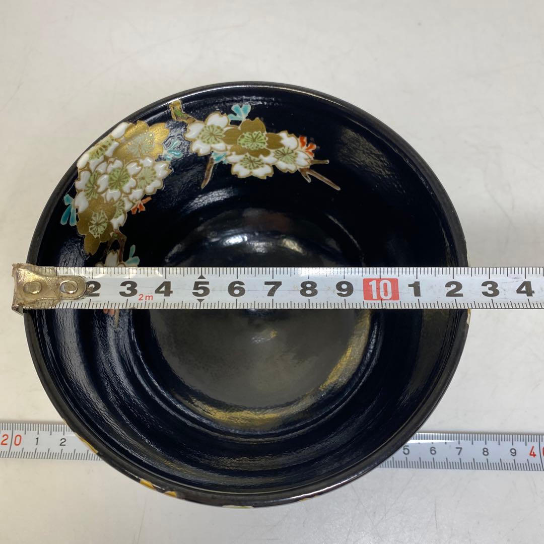 ☆茶3 平安 桐鳳 黒仁清 桜文茶碗 共箱 高さ約7.5cm 東T8-0209①