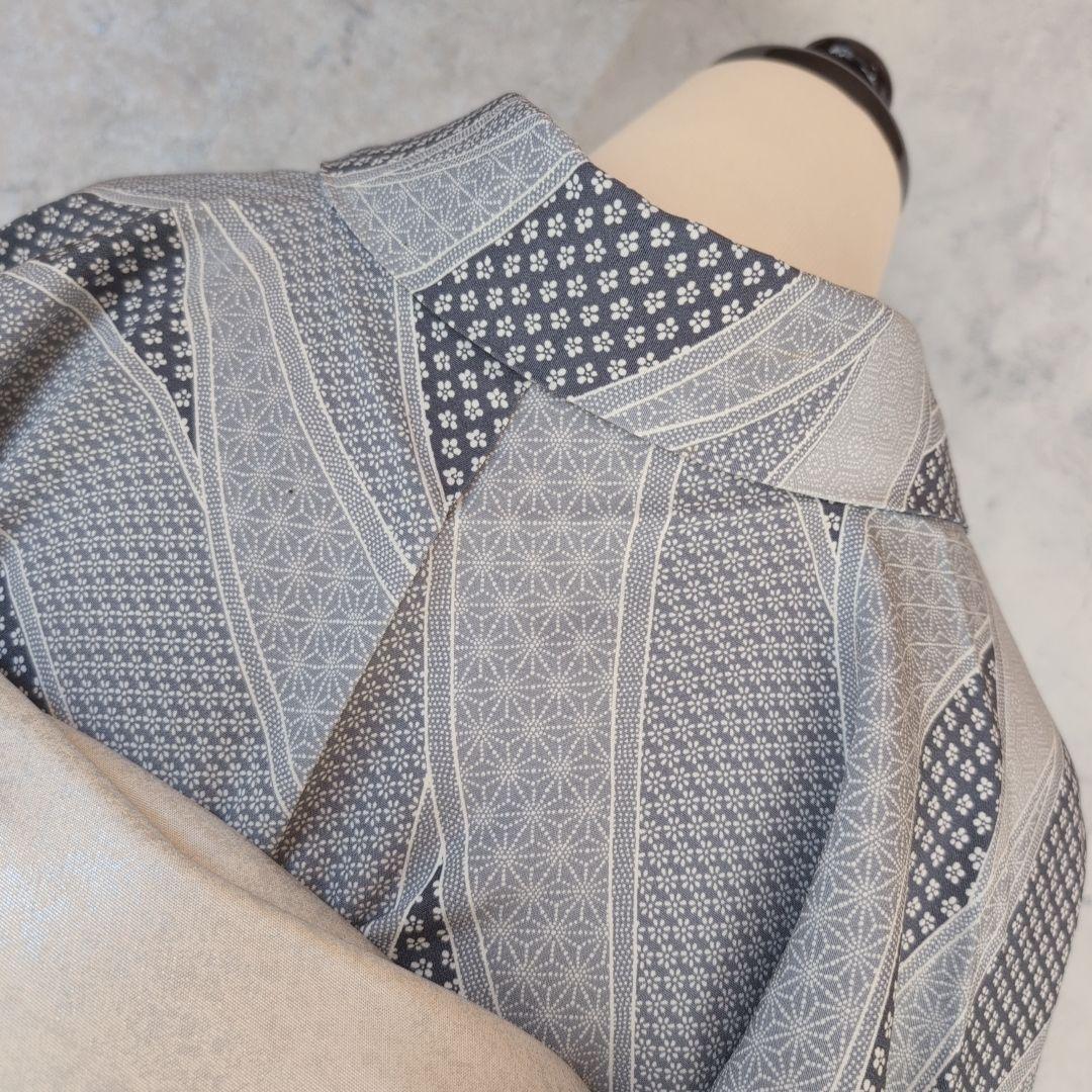 小紋　フルセット　着物　正絹　紺水色グレー　爽やか　花　麻模様　F7