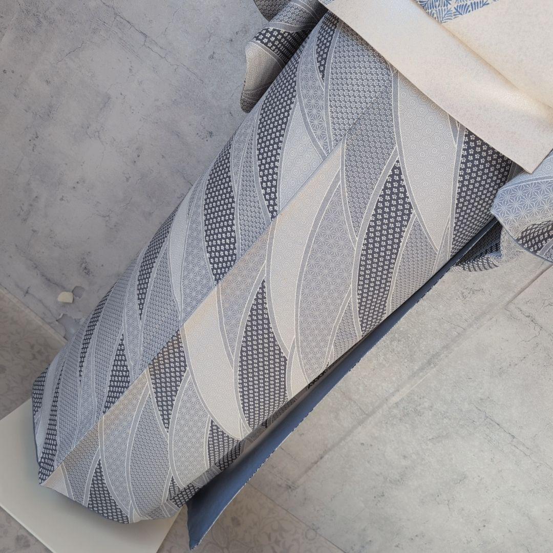 小紋　フルセット　着物　正絹　紺水色グレー　爽やか　花　麻模様　F7