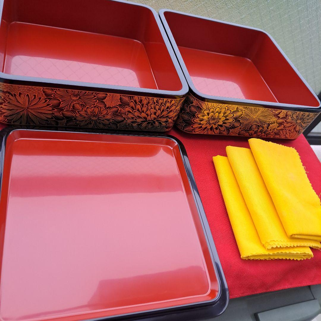 専用まとめ品 【輪島塗　7寸\"2段重箱】布着本堅地　 菊彫り詰め沈金　長期保管品