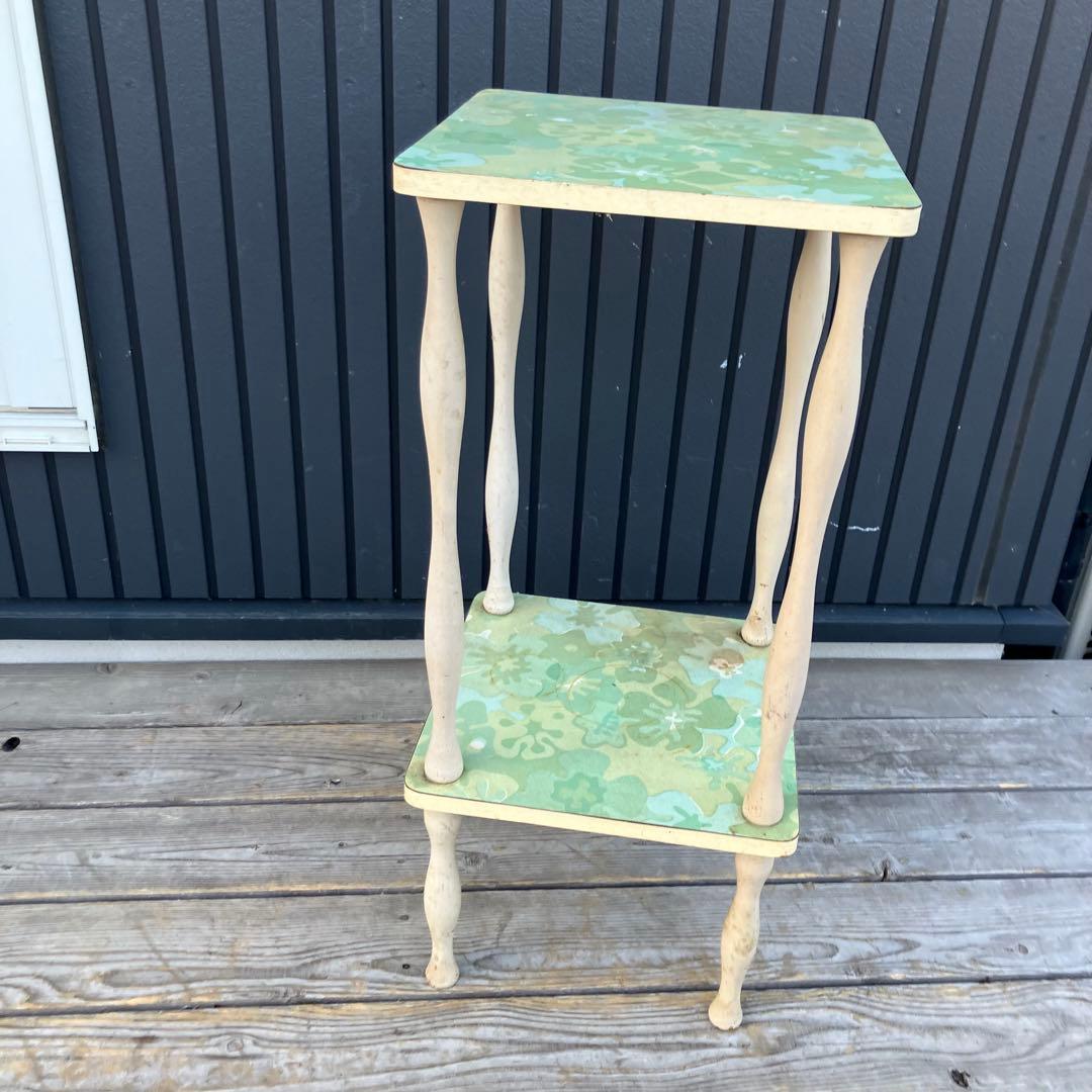 昭和レトロ ミッドセンチュリー 花柄2段木製ラック サイドテーブル 飾り棚 花台