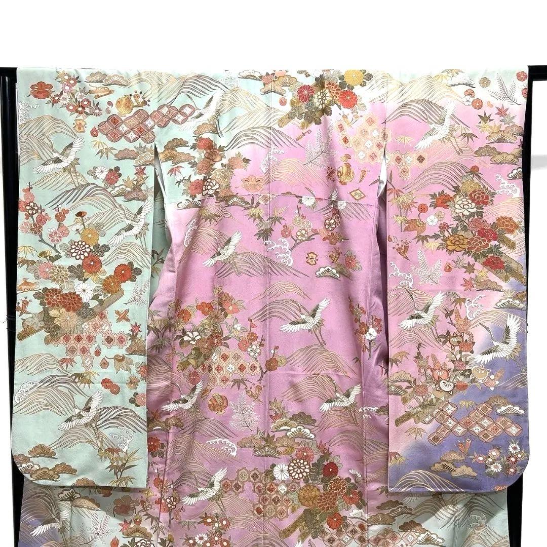 スワトウ刺繍　刺繍　金駒刺繍　鶴　花模様　振袖　着物　102a p