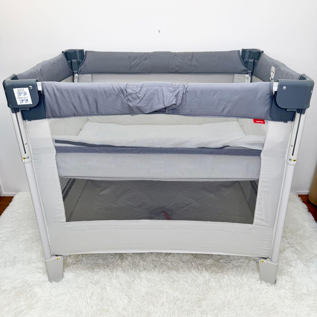 美品 Aprica ココネルエアーAB ベビーベッド 折りたたみ グレーベア