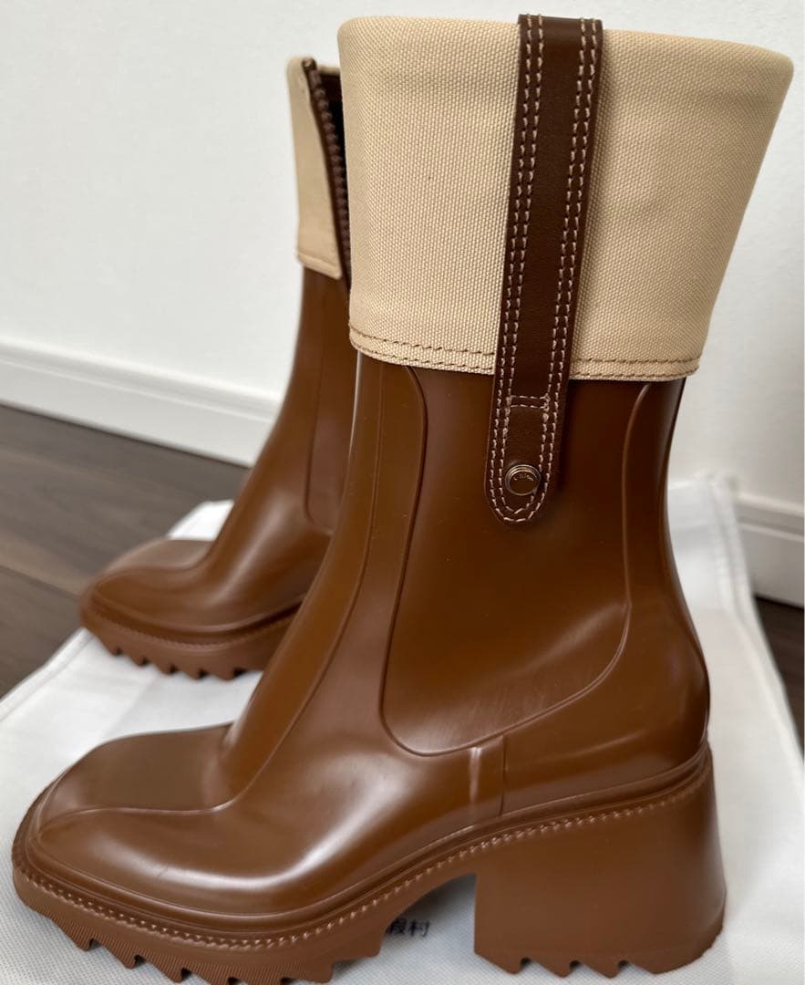 数回着用のみ♪ Chloe PVC キャンバスレインブーツ　ブラウン　晴雨兼用