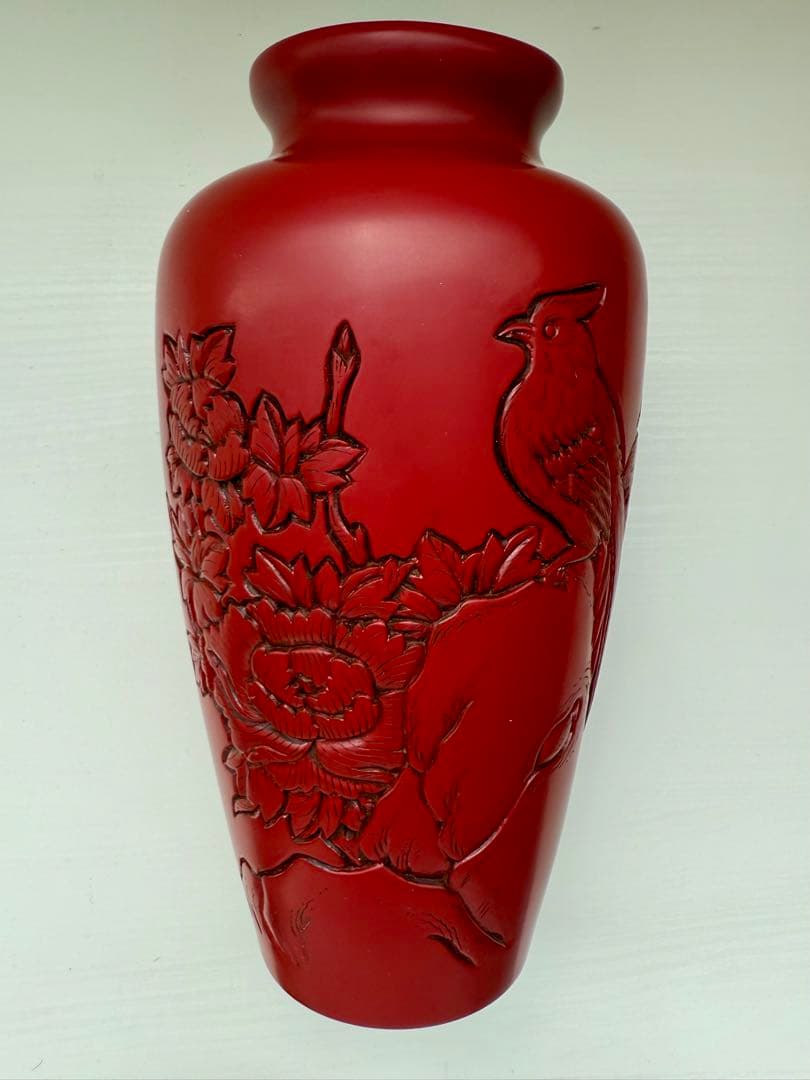 村上木彫堆朱　泉山作　堆朱　尺花瓶　花鳥　花器　新品未使用