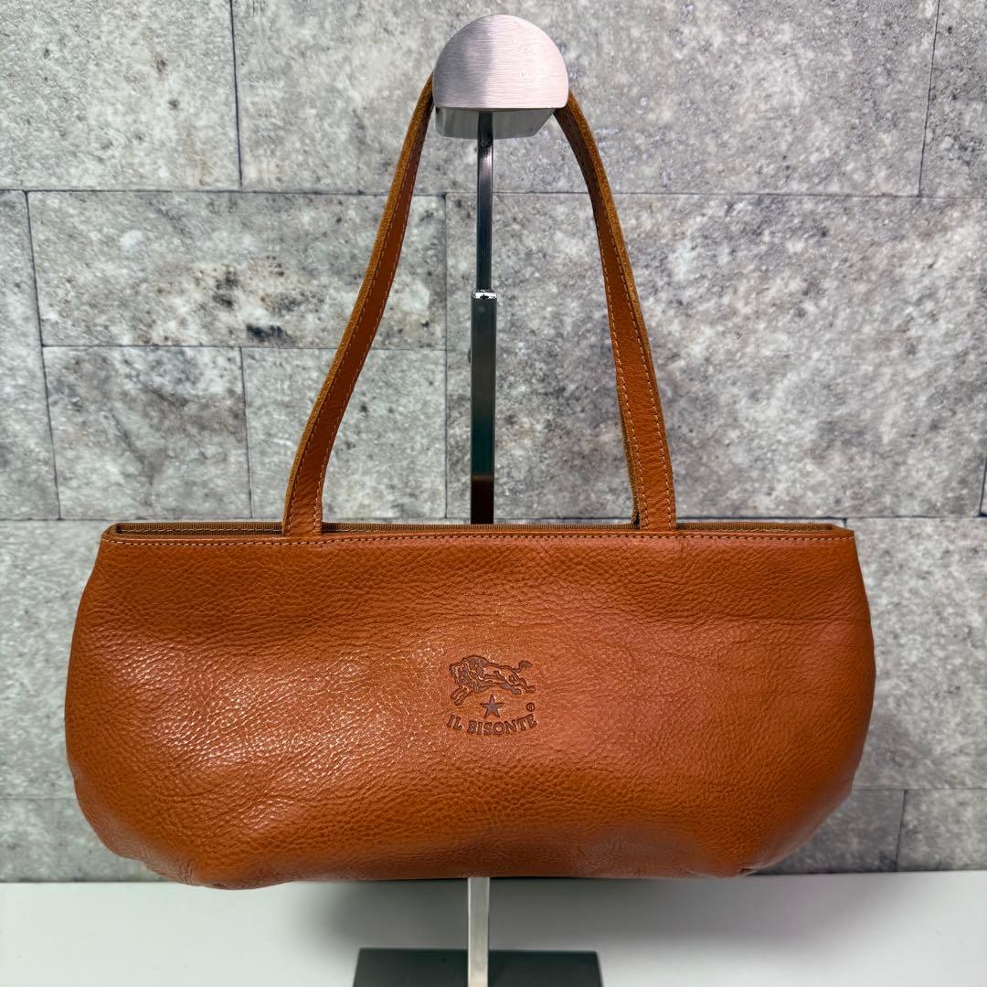 【良品】イルビゾンテ レザー ハンドバッグ ロゴ刻印 キャメル イタリア製