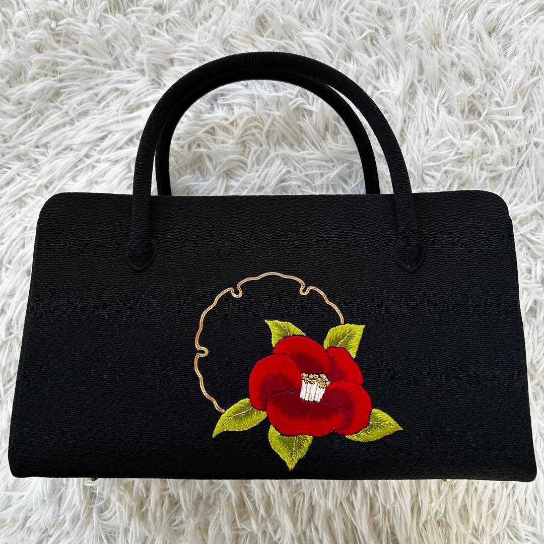 タグ付き 正絹 刺繍 お茶席用 ボストンバッグ 和装 黒 日本製