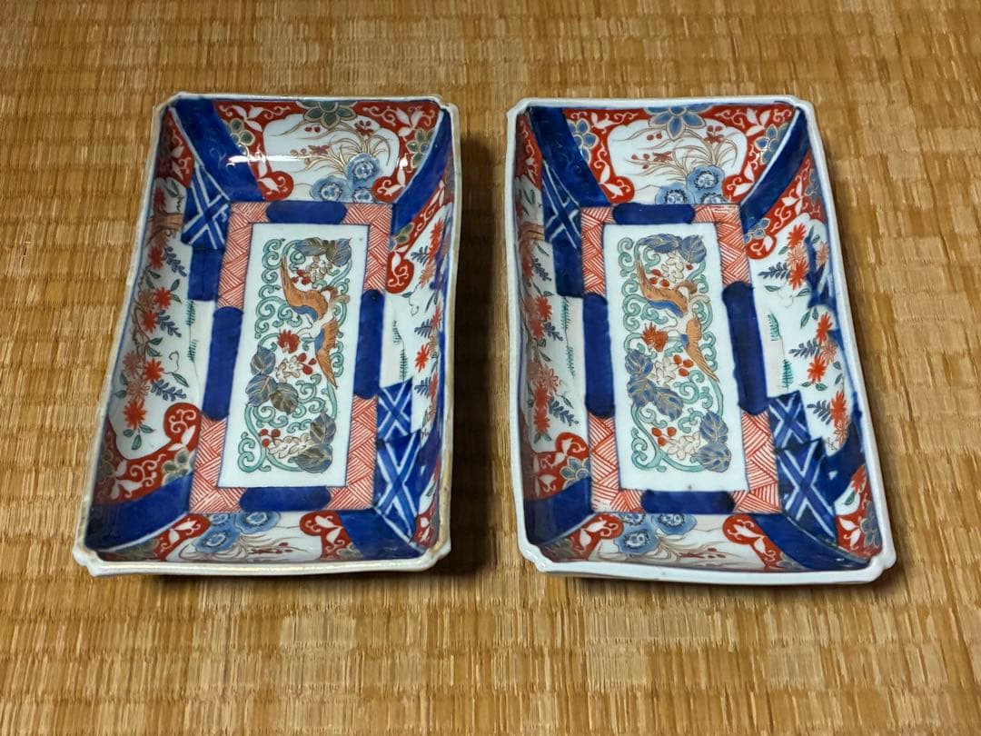 古伊万里 金彩 色絵 鳳凰紋 長皿 長方皿 二枚揃い 時代物