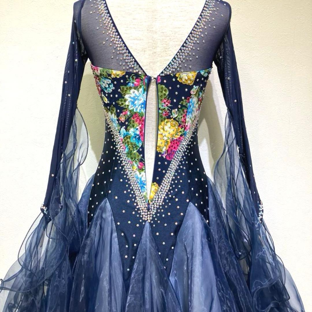 社交ダンス　スタンダードドレス　モダンドレス　　スパンコール　ネイビー　花柄