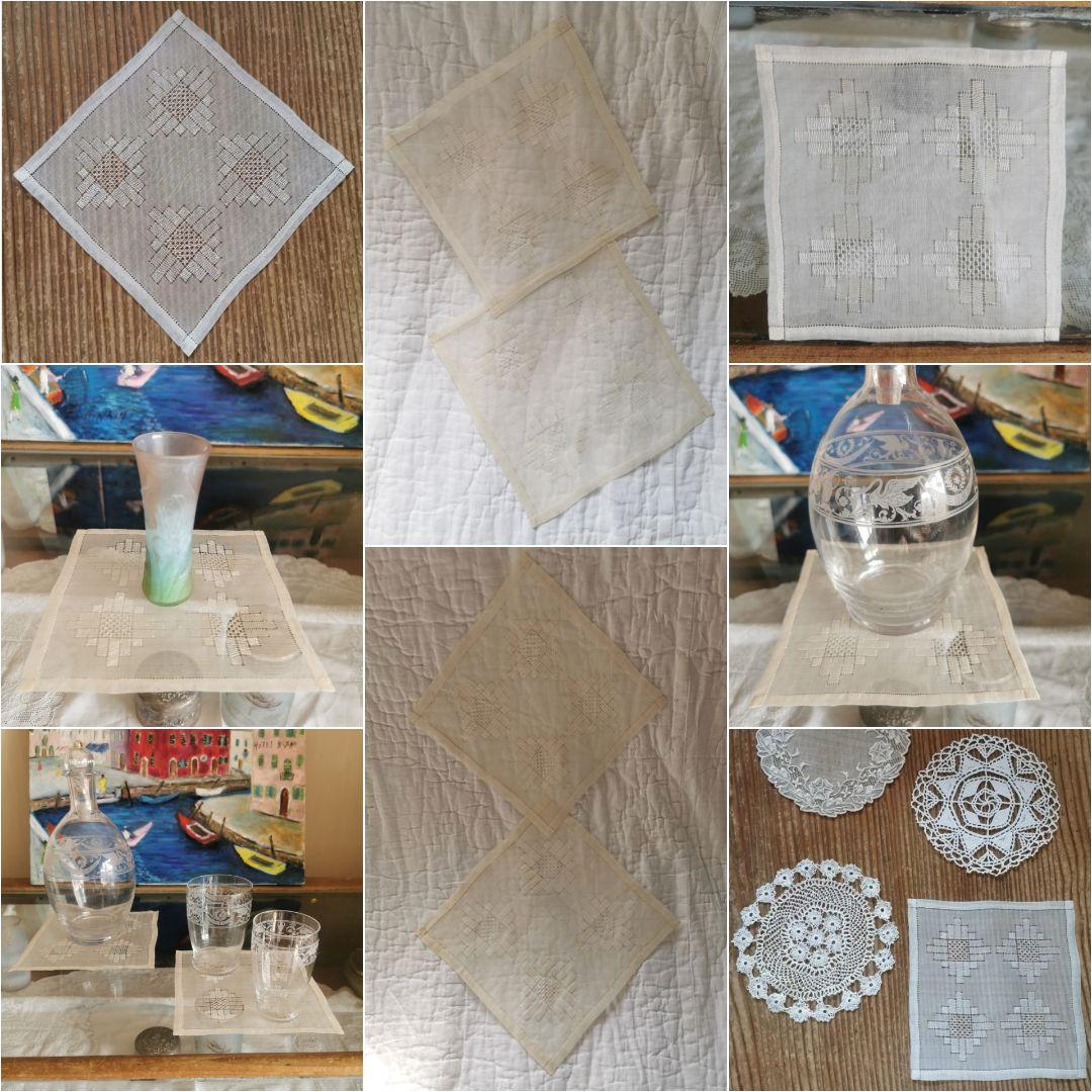 アンティーク シルクオーガンジー 透しドローンワークレース刺繍 スクエアドイリー