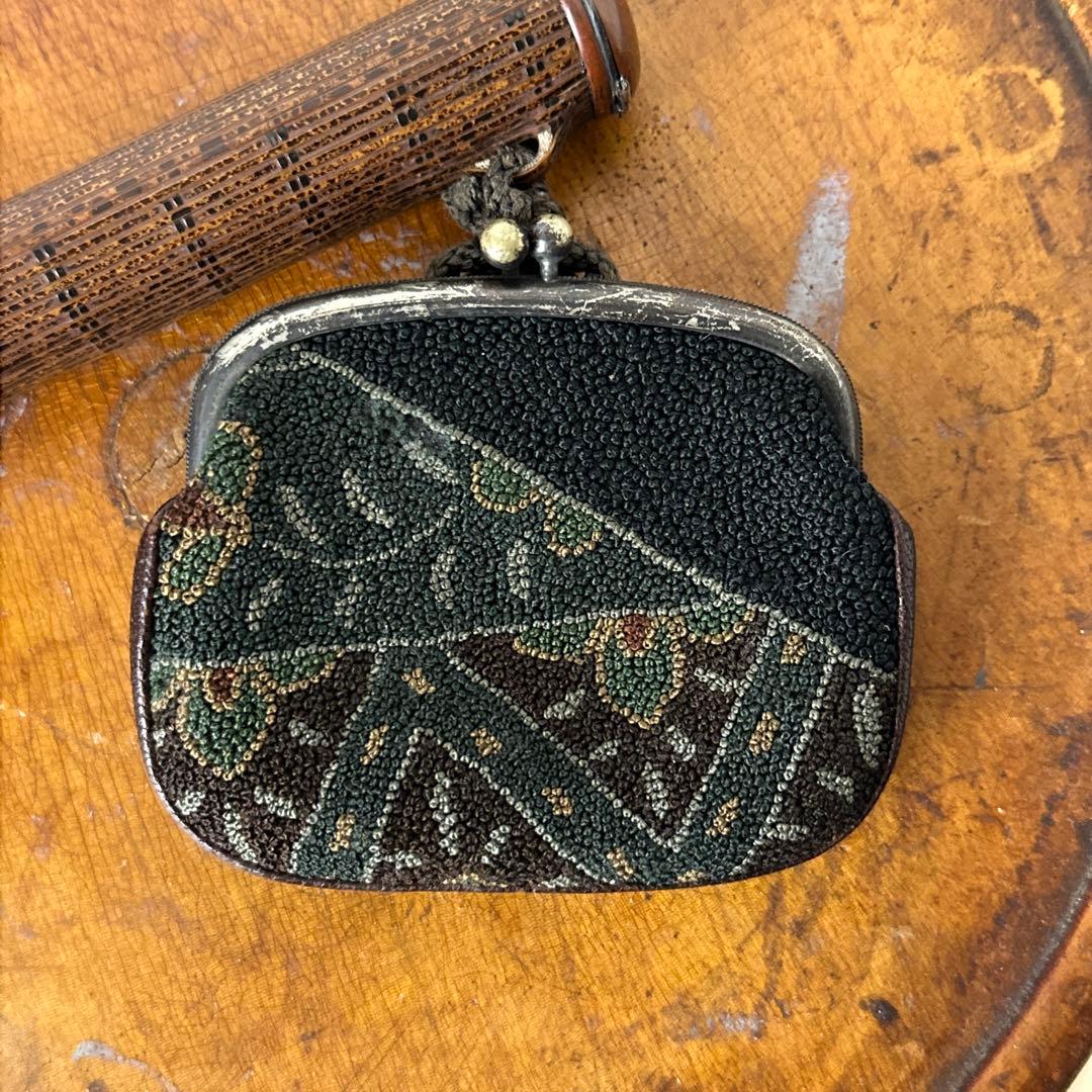 煙管筒 竹細工 相良刺繍 × レザー がま口巾着 骨董 煙草入 古美術