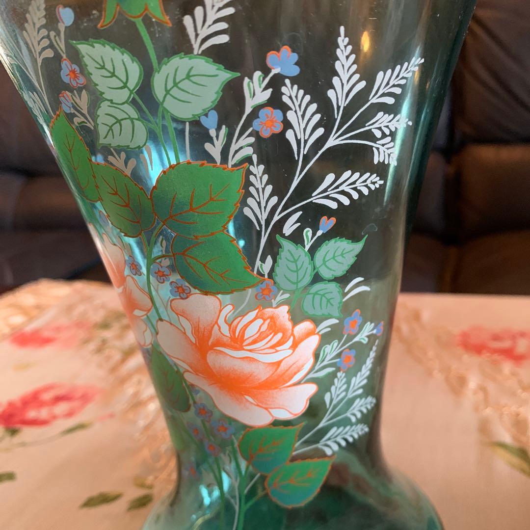 ブルー　ボヘミア花瓶　薔薇　大